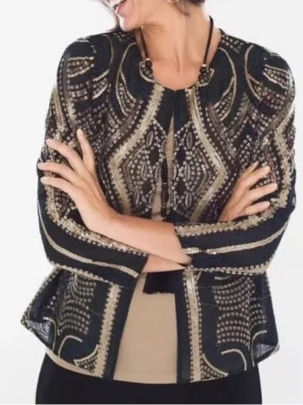 Chico's Black and Gold Open-Front Embroidered Cardigan